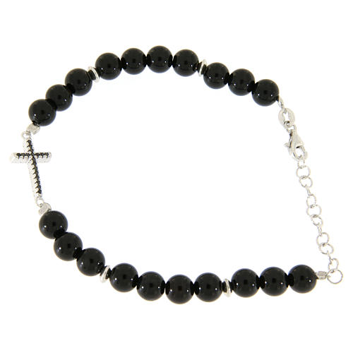  Bracelet with onyx black balls, a silver cross and black zircons 2