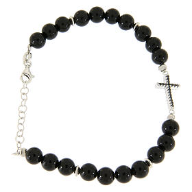 Bracelet grains noirs en onyx avec croix argent et zircons noirs