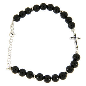 Pulseira contas ónix preto cruz zircões pretos e prata