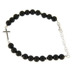 Pulseira contas ónix preto cruz zircões pretos e prata