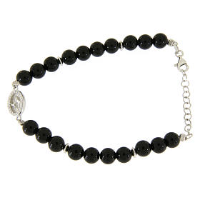 Bracciale medaglietta S. Rita zirconata bianca e argento, perline onice nere