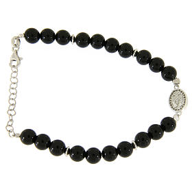 Bracciale medaglietta S. Rita zirconata bianca e argento, perline onice nere