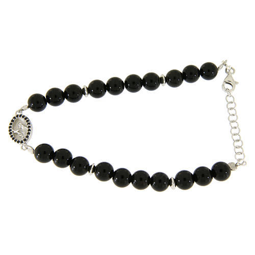 Bracelet in silver with Saint Zita medal, black zircons and black onyx beads 1