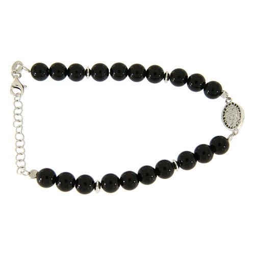 Bracelet in silver with Saint Zita medal, black zircons and black onyx beads 2