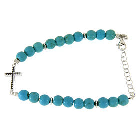 Bracelet perles 6 mm pâte de turquoise avec croix zircons noirs