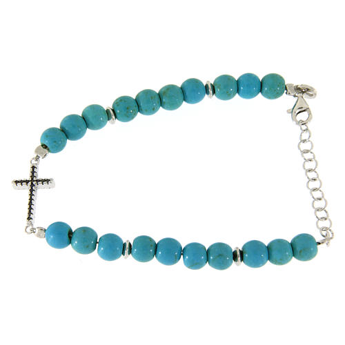 Bracelet perles 6 mm pâte de turquoise avec croix zircons noirs 1