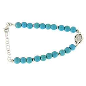 Bracciale sfere pasta di turchese e venature color oro con S. Rita in medaglietta di zirconi neri