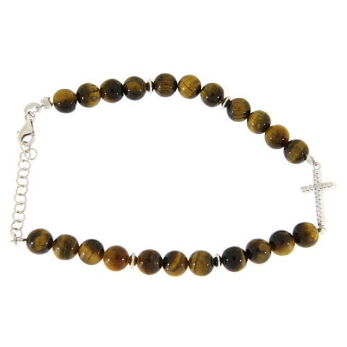 Bracelet with smooth tiger's eye balls, a cross with white zircons in 925 sterling silver 1