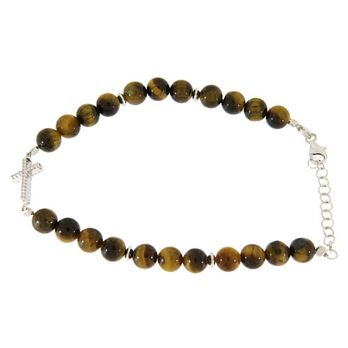 Bracelet with smooth tiger's eye balls, a cross with white zircons in 925 sterling silver 2
