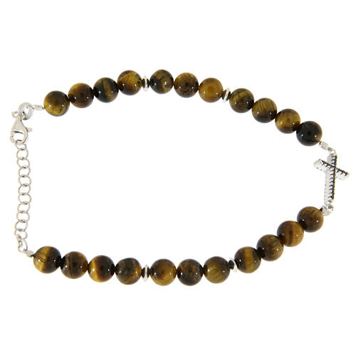 Bracelet grains oeil de tigre 6,5 mm croix appliquée zircons noirs argent 925 2