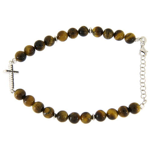 Bracciale sfere occhio di tigre 6,5 mm, inserto croce zirconi neri, argento 925 1