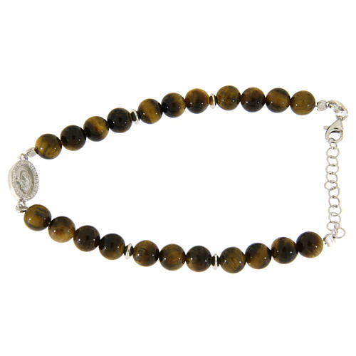Bracelet with Saint Rita medal with white zircons and smooth tiger's eye spheres 1
