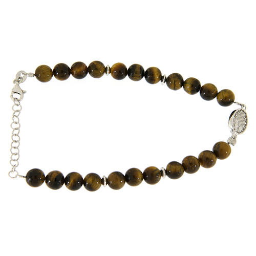 Bracelet with Saint Rita medal with white zircons and smooth tiger's eye spheres 2