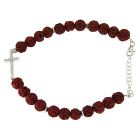 Bracelet with red lava stones-925 sterling silver and white zircon cross insert