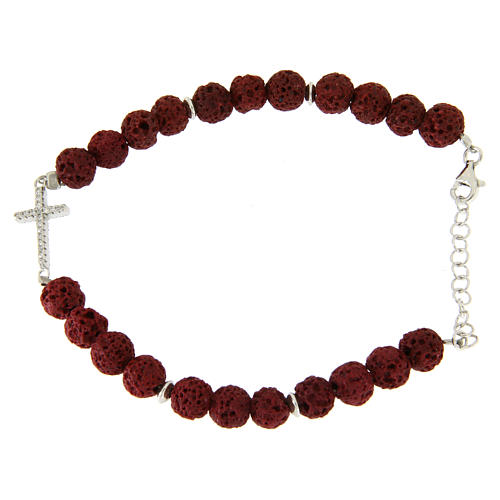 Bracelet with red lava stones-925 sterling silver and white zircon cross insert 1