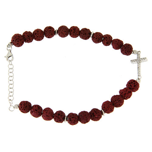 Bracelet with red lava stones-925 sterling silver and white zircon cross insert 2