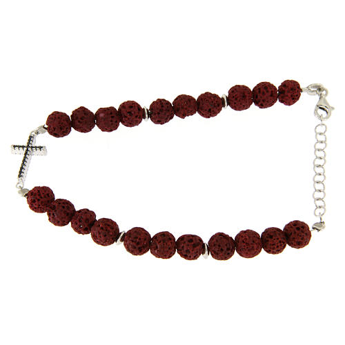 Bracelet with red lava stones, cross insert and black zircons in 925 sterling silver 1