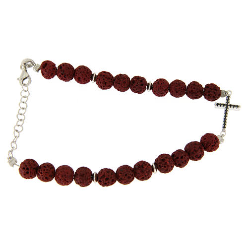 Bracelet with red lava stones, cross insert and black zircons in 925 sterling silver 2