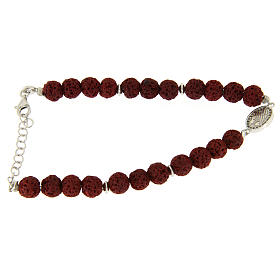 Bracciale pietre laviche rosse 6,5 mm, medaglietta S. Rita zirconata bianca, argento 925