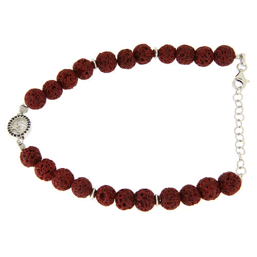 Pulsera piedras lávicas rojas 6,5 mm, pequeña medalla S.Rita zircones negros - plata 925 1