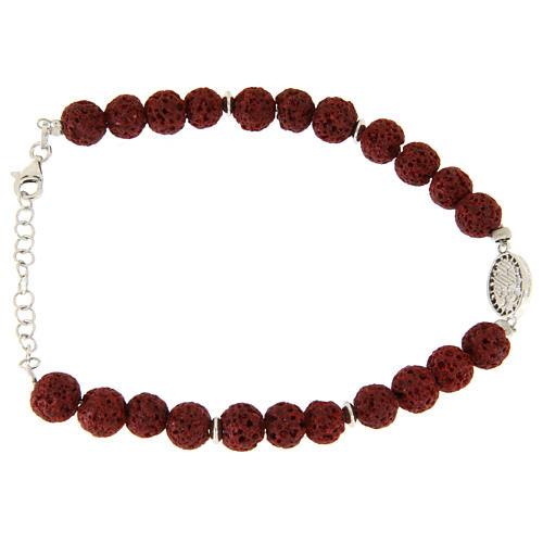 Pulsera piedras lávicas rojas 6,5 mm, pequeña medalla S.Rita zircones negros - plata 925 2