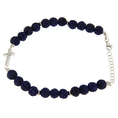 Armband blaue Lavastein Perlen Silber Kreuz und Zirkonen 1