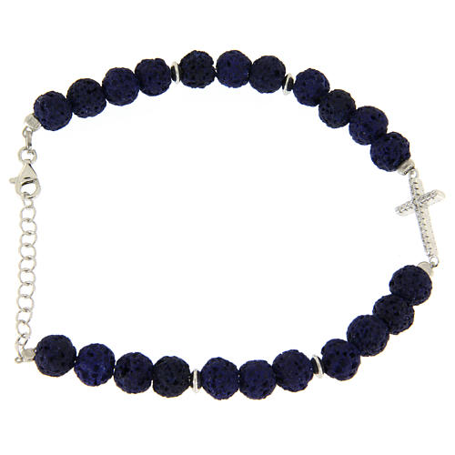 Bracelet pierre lave bleue et croix zircons blancs argent 925 2