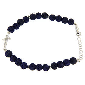 Bracciale pietre laviche blu e inserto croce zirconata bianca - argento 925
