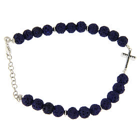 Bracelet pierre lave bleue croix appliquée zircons noirs argent 925