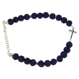 Bracciale pietre laviche blu, croce applicata con zirconi neri - argento 925