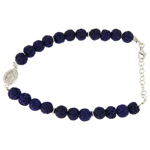 Pulsera plata y piedras lávicas azules - pequeña medalla S.Rita aplicada con zircones blancos 1