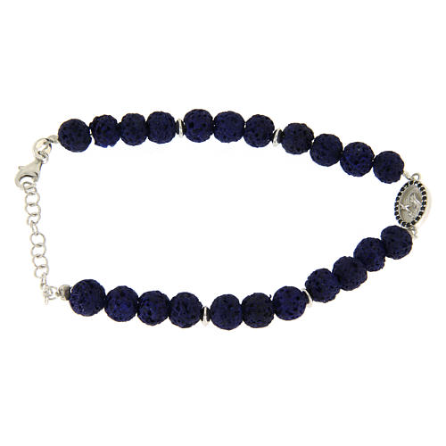 Bracelet in silver and blue lava stone, with Saint Rita medalet and black zircons 1