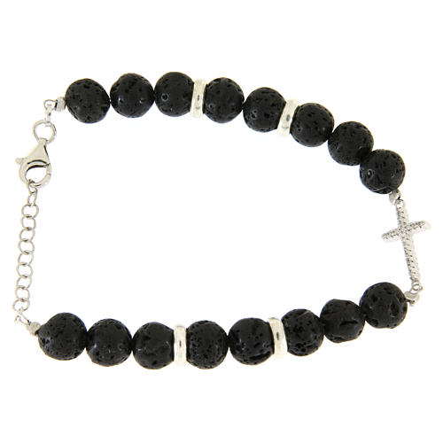 Bracelet with lava stones sized 7 mm, white zirconate cross and silver details 1