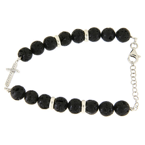 Bracelet with lava stones sized 7 mm, white zirconate cross and silver details 2
