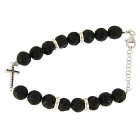 Bracciale pietra lavica, croce zirconi neri 7 mm e dettagli argento