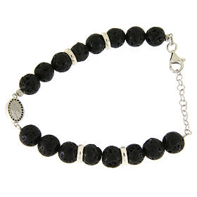 Bracelet with lava stones 7 mm, Saint Rita medalet made of black zircons and silver