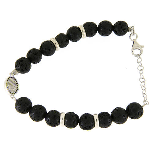 Bracelet with lava stones 7 mm, Saint Rita medalet made of black zircons and silver 2