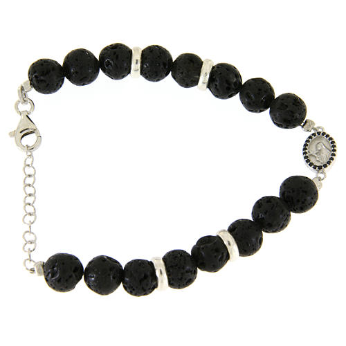 Bracciale pietre laviche 7 mm, medaglietta S. Rita zirconi neri e argento 1