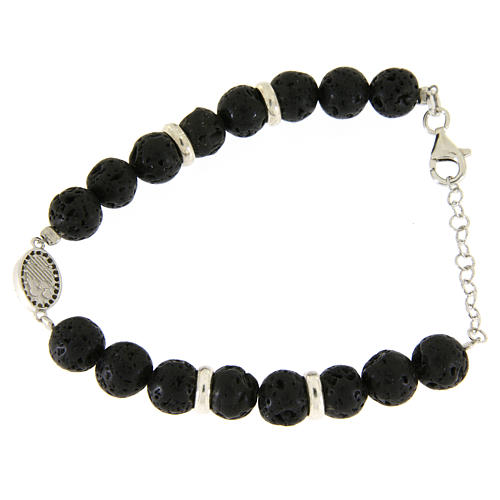Bracciale pietre laviche 7 mm, medaglietta S. Rita zirconi neri e argento 2