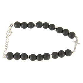 Pulseiras de Prata: Pulseira hematita cinzenta 7 mm cruz zircões brancos