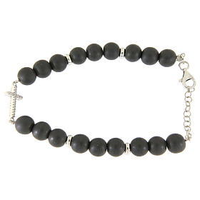 Pulseiras de Prata: Pulseira hematita cinzenta 7 mm cruz zircões brancos