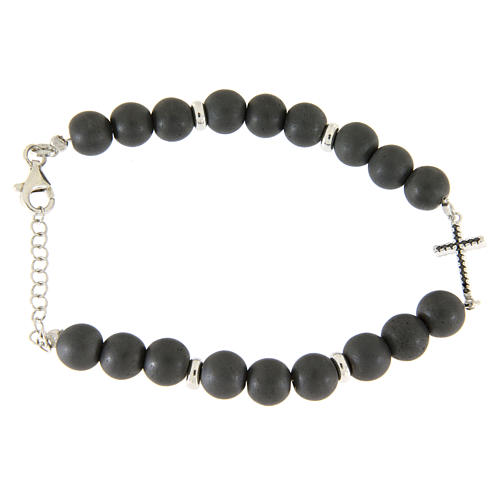Bracelet perles hématite et croix zircons noirs détails argent 925 1
