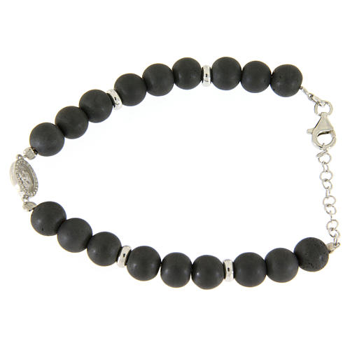 Bracelet with Saint Rita medalet with white zircons and 7 mm pearls in grey hematite 1