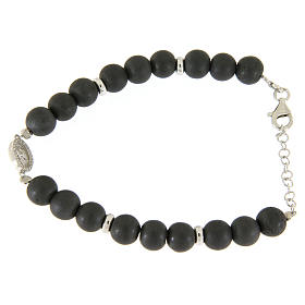 Bracciale medaglietta S. Rita con zirconi bianchi e perline 7 mm ematite grigie