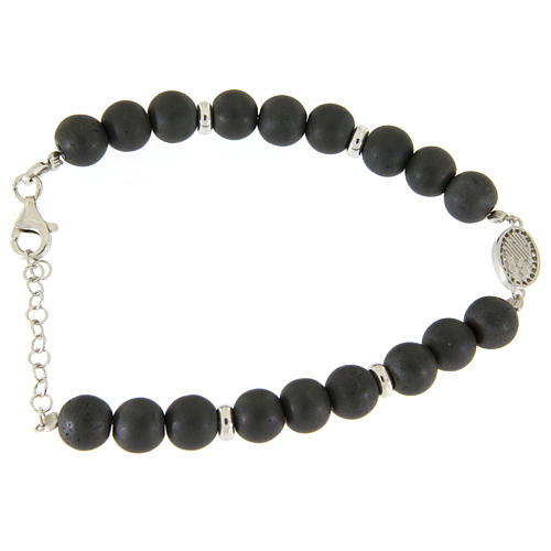 Bracelet with Saint Rita medalet with white zircons and 7 mm pearls in grey hematite 2