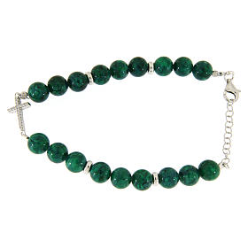Bracelet with resin pearls similar to malachite sized 7 mm and white zirconate cross.