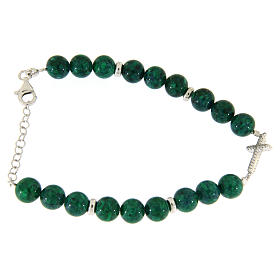 Bracelet with resin pearls similar to malachite sized 7 mm and white zirconate cross.
