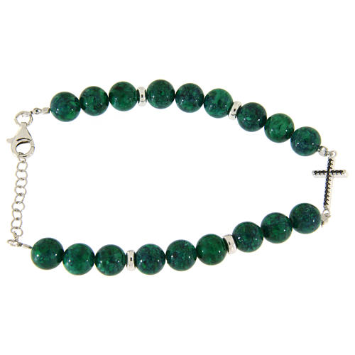 Bracelet argent et perles en résine vert 7 mm croix zircons noirs 1