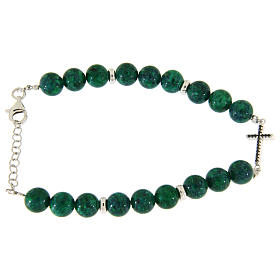 Pulseiras de Prata: Pulseira contas resina verde tipo malaquita 7 mm cruz zircões pretos