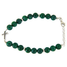 Pulseiras de Prata: Pulseira contas resina verde tipo malaquita 7 mm cruz zircões pretos